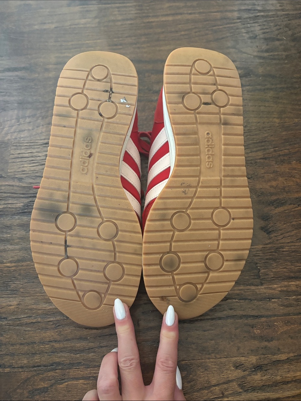 Adidas Women's Red Athletic Sneakers with White Stripes - Picture 3 of 5